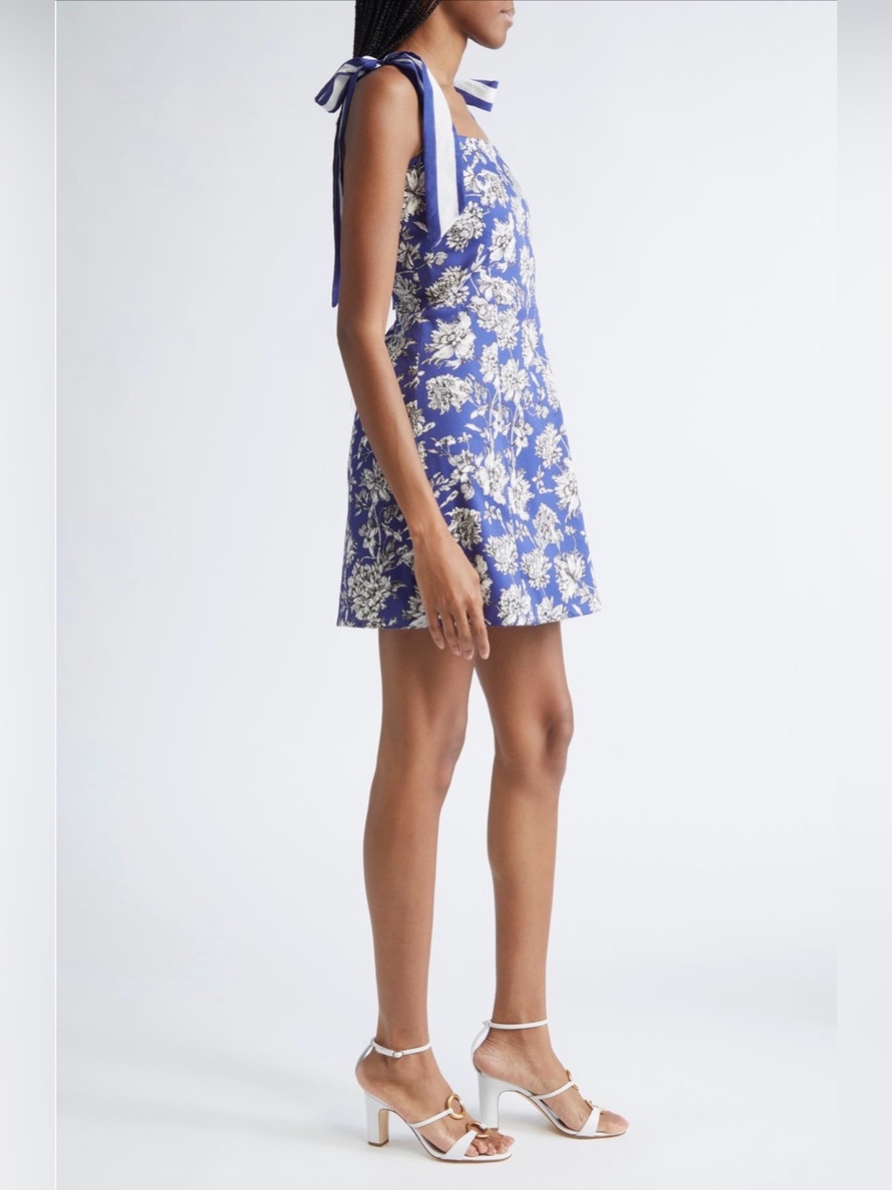 Alice + Olivia Blue and Cream Floral Tie-Shoulder Mini Dress